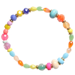 Bracelet fantaisie élastique composé de perles en acier doré et de perles multicolores.