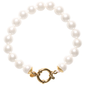Bracelet composé d'un fermoir bouée en acier doré et de perles d'imitation.