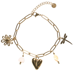 Bracelet composé d'une chaîne avec breloques libellule, cœur et fleur en acier doré et de pendants ovale et cœur en nacre. Fermoir mousqueton avec 3 cm de rallonge.