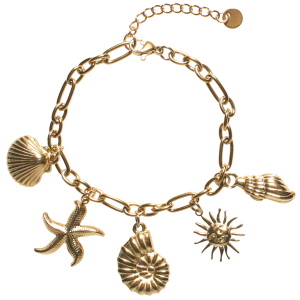 Bracelet composé d'une chaîne et de breloques coquillage, soleil et étoile de mer en acier doré. Fermoir mousqueton avec 3 cm de rallonge.