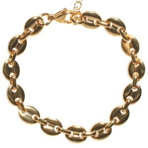 Bracelet composé d'une chaîne maille grain de café en acier doré. Fermoir mousqueton avec 5 cm de rallonge.