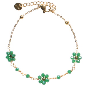 Bracelet composé d'une chaîne en acier doré et de fleurs en perle de couleur verte. Fermoir mousqueton avec 4 cm de rallonge.