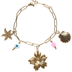 Bracelet composé d'une chaîne avec breloques en forme d'étoile de mer, de coquillage et de fleur en acer doré, d'un pendant en forme d'étoile rose et d'un œil de Turquie. Fermoir mousqueton avec 3 cm de rallonge.