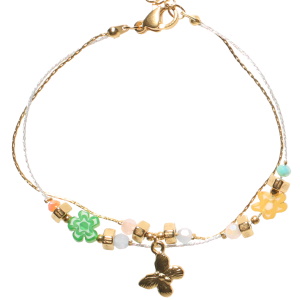 Bracelet double rangs composé d'un cordon doré avec deux perles de couleur et d'un papillon en acier doré, ainsi qu'un cordon coloré avec quatre perles multicolores et de deux étoiles de couleur. Fermoir mousqueton avec 3 cm de rallonge.