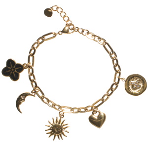 Bracelet composé d'une chaîne avec breloques en forme de soleil avec visage, d'un croissant de lune, d'un cœur en acier doré, d'une breloque trèfle à quatre feuilles pavée d'émail de couleur noir et d'une breloque pastille ronde sertie de strass. Fermoir mousqueton avec 3 cm de rallonge.