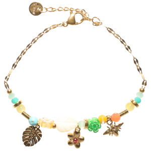 Bracelet composé d'une chaîne avec pendants en forme de feuille philodendron et d'une abeille en acier doré, d'un pendant fleur sertie d'un cristal rose, de perles multicolores, de deux fleurs de couleur et d'une feuille en nacre d'imitation. Fermoir mousqueton avec 3 cm de rallonge.