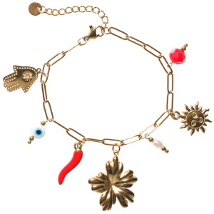 Bracelet composé d'une chaîne avec breloques main de Fatma, une fleur et un soleil en acier doré et de breloques œil de Turquie, une perle rouge et un piment rouge. Fermoir mousqueton avec 3 cm de rallonge.