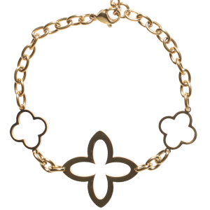 Bracelet composé d'une chaîne et de trois trèfles en acier doré. Fermoir mousqueton avec 3 cm de rallonge.