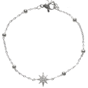 Bracelet composé d'une chaîne en acier argenté et d'une étoile sertie de strass. Fermoir mousqueton avec 4 cm de rallonge.