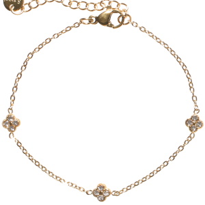 Bracelet composé d'une chaîne en acier doré et de trois trèfles à quatre feuilles serties de strass. Fermoir mousqueton avec 4 cm de rallonge.