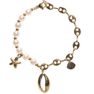 Bracelet composé d'une chaîne avec grains de café avec pendants étoile de mer et coquillages en acier doré et de perles d'imitation. Fermoir mousqueton avec 3 cm de rallonge.