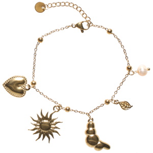 Bracelet composé d'une chaîne avec pendants cœur, soleil, croissant et feuille en acier doré et d'une perle d'imitation. Fermoir mousqueton avec 3 cm de rallonge.