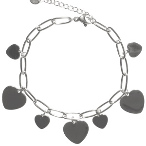 Bracelet composé d'une chaîne avec des pampilles en forme de cœur en acier argenté. Fermoir mousqueton avec 3 cm de rallonge.