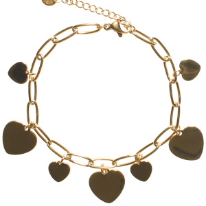 Bracelet composé d'une chaîne avec des pampilles en forme de cœur en acier doré. Fermoir mousqueton avec 3 cm de rallonge.
