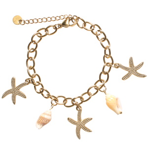Bracelet composé d'une chaîne avec des pendants en forme d'étoiles de mer en acier doré et de deux coquillages. Fermoir mousqueton avec 3 cm de rallonge.