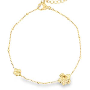 Ce délicat bracelet chaîne en acier doré apporte une touche de raffinement discret à votre poignet. Il est orné de deux motifs floraux ajourés et brillants, finement travaillés pour capturer la lumière et sublimer votre allure avec élégance et légèreté. Fermoir mousqueton avec 3 cm de rallonge.