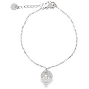 Ce délicat bracelet chaîne en acier argenté est orné d'un pendentif rond scintillant. Le pendentif est orné de strass ronds de taille brillant, sélectionnés pour leur clarté exceptionnelle. Ce bijou raffiné allie luxe discret et design moderne, parfait pour ajouter une touche d'éclat subtile à votre quotidien. Fermoir mousqueton avec 3 cm de rallonge.