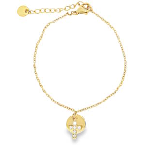 Ce délicat bracelet chaîne en acier doré est orné d'un pendentif rond scintillant. Le pendentif est orné de strass ronds de taille brillant, sélectionnés pour leur clarté exceptionnelle. Ce bijou raffiné allie luxe discret et design moderne, parfait pour ajouter une touche d'éclat subtile à votre quotidien. Fermoir mousqueton avec 3 cm de rallonge.