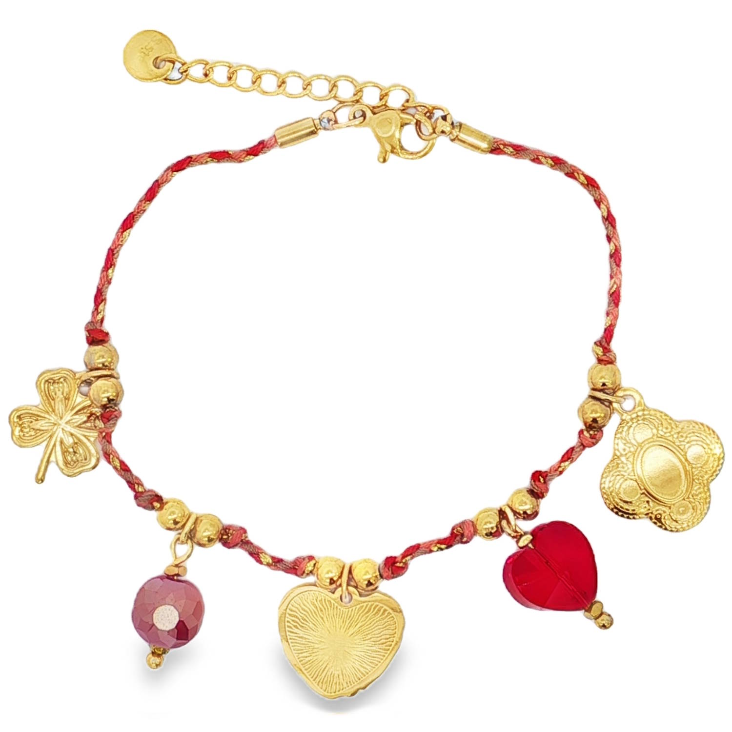 Ce bracelet à breloques raffiné associe un cordon à des accents en acier doré, créant un contraste saisissant.<br/>Orné d'une perle de cristal rouge violacé taillée en perle, ce bijou apporte une touche de couleur et d'élégance discrète.<br/>Idéal pour ajouter une note personnalisée à votre collection.<br/>Fermoir mousqueton avec 3 cm de rallonge. Coeur Cordon Perle Trèfle Adolescent Adulte Amour Femme Fille Indémodable Symboles Ce bracelet à breloques raffiné associe un cordon à des accents en acier doré, créant un contraste saisissant.<br/>Orné d'une perle de cristal rouge violacé taillée en perle, ce bijou apporte une touche de couleur et d'élégance discrète.<br/>Idéal pour ajouter une note personnalisée à votre collection.<br/>Fermoir mousqueton avec 3 cm de rallonge. Coeur Cordon Perle Trèfle Adolescent Adulte Amour Femme Fille Indémodable Symboles