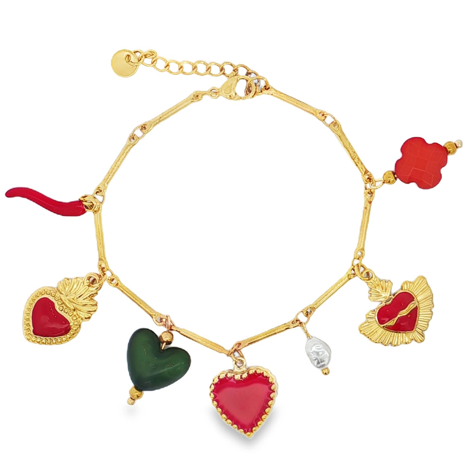 Ce bracelet à breloques en acier doré est une véritable ode à l'élégance.<br/>Orné de symboles significatifs et d'une délicate perle baroque, il apportera une touche de raffinement à votre poignet.<br/>Chaque breloque a été soigneusement sélectionnée pour son design unique et sa capacité à raconter une histoire, faisant de ce bracelet un bijou précieux et personnel.<br/>Fermoir mousqueton avec 3 cm de rallonge. Coeur Perle Trèfle Adolescent Adulte Amour Femme Fille Indémodable Symboles Ce bracelet à breloques en acier doré est une véritable ode à l'élégance.<br/>Orné de symboles significatifs et d'une délicate perle baroque, il apportera une touche de raffinement à votre poignet.<br/>Chaque breloque a été soigneusement sélectionnée pour son design unique et sa capacité à raconter une histoire, faisant de ce bracelet un bijou précieux et personnel.<br/>Fermoir mousqueton avec 3 cm de rallonge. Coeur Perle Trèfle Adolescent Adulte Amour Femme Fille Indémodable Symboles