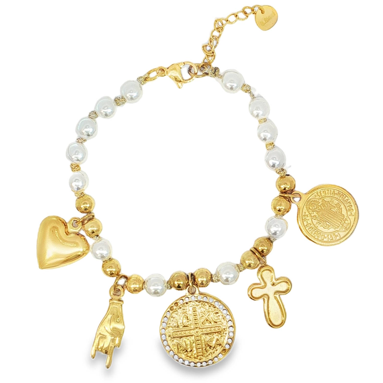 Bracelet charmant en acier doré orné de perles rondes brillantes.<br/>Un bijou étincelant, agrémenté de motifs et de mots gravés, capturant l'élégance intemporelle.<br/>Un accessoire tendance pour rehausser votre style avec une touche de sophistication et de grâce.<br/>Fermoir mousqueton avec 3 cm de rallonge. Coeur Croix Perle Rond Adolescent Adulte Amour Femme Fille Indémodable Religion Symboles Bracelet charmant en acier doré orné de perles rondes brillantes.<br/>Un bijou étincelant, agrémenté de motifs et de mots gravés, capturant l'élégance intemporelle.<br/>Un accessoire tendance pour rehausser votre style avec une touche de sophistication et de grâce.<br/>Fermoir mousqueton avec 3 cm de rallonge. Coeur Croix Perle Rond Adolescent Adulte Amour Femme Fille Indémodable Religion Symboles