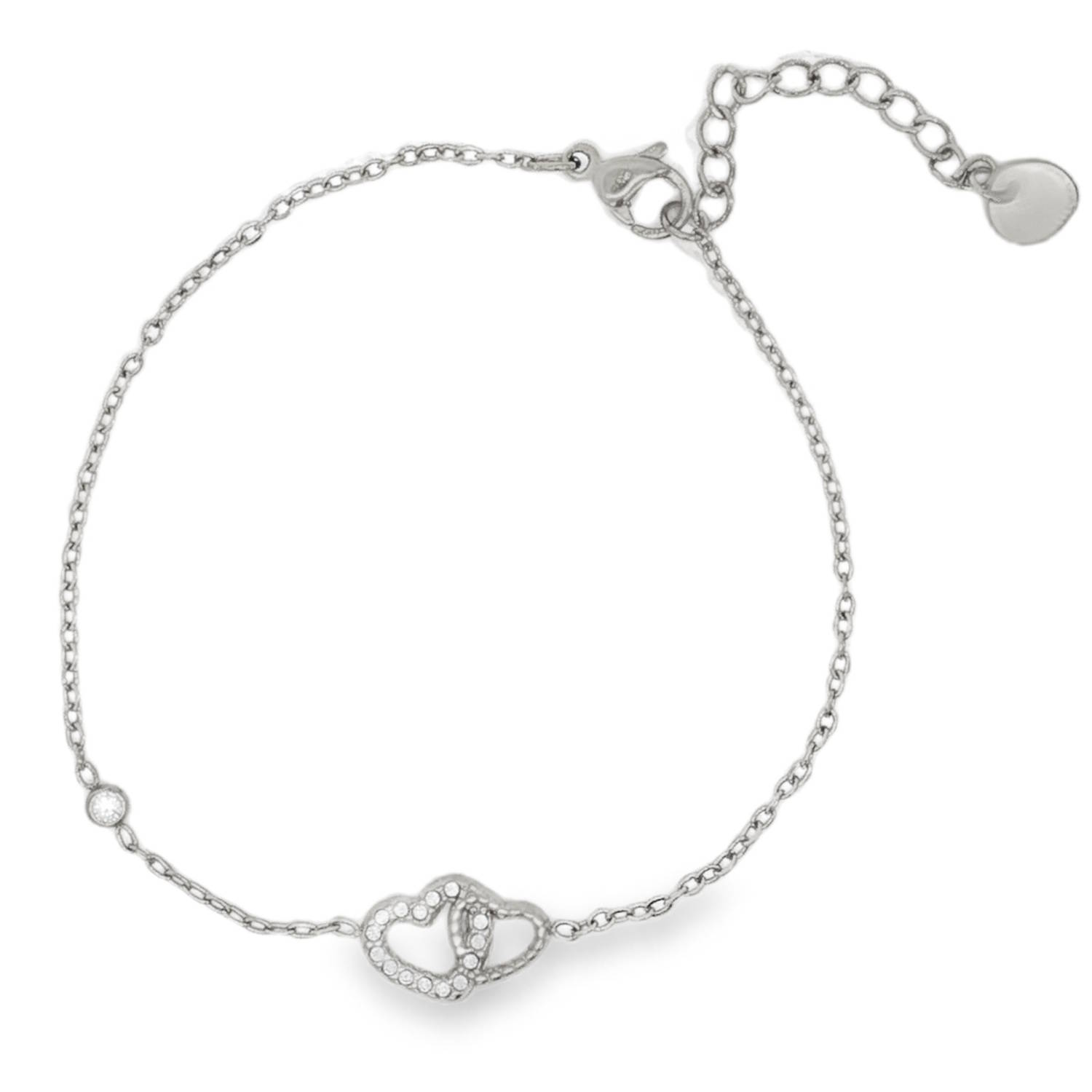 Ce délicat bracelet chaîne en acier argenté est orné de deux cœurs entrelacés sertis de strass et d'un strass incolore de taille brillant, dont la clarté exceptionnelle révèle un éclat remarquable.<br/>Un bijou raffiné et élégant, parfait pour ajouter une touche de lumière à votre poignet.<br/>Fermoir mousqueton avec 3 cm de rallonge. Coeur Rond Strass Adolescent Adulte Amour Femme Fille Indémodable Ce délicat bracelet chaîne en acier argenté est orné de deux cœurs entrelacés sertis de strass et d'un strass incolore de taille brillant, dont la clarté exceptionnelle révèle un éclat remarquable.<br/>Un bijou raffiné et élégant, parfait pour ajouter une touche de lumière à votre poignet.<br/>Fermoir mousqueton avec 3 cm de rallonge. Coeur Rond Strass Adolescent Adulte Amour Femme Fille Indémodable