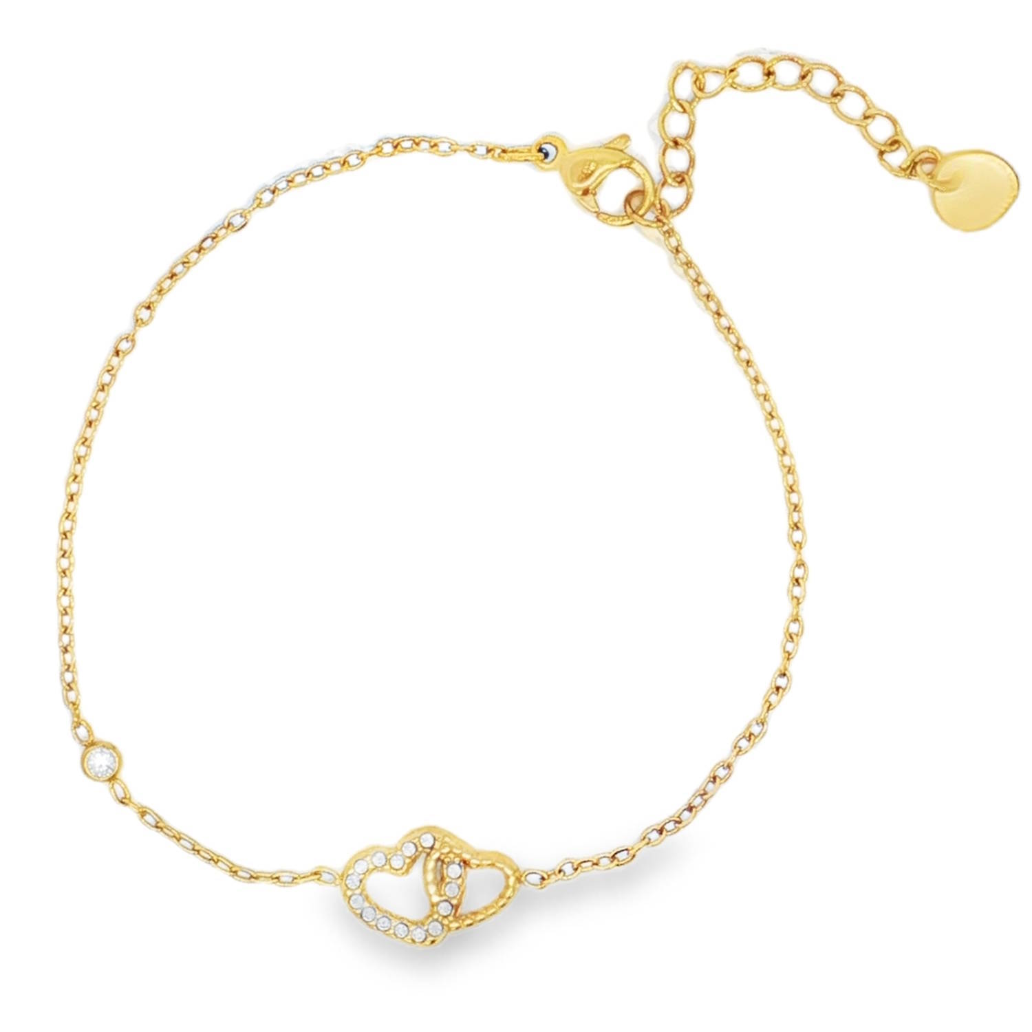 Ce délicat bracelet chaîne en acier doré est orné de deux cœurs entrelacés sertis de strass et d'un strass incolore de taille brillant, dont la clarté exceptionnelle révèle un éclat remarquable.<br/>Un bijou raffiné et élégant, parfait pour ajouter une touche de lumière à votre poignet.<br/>Fermoir mousqueton avec 3 cm de rallonge. Coeur Rond Strass Adolescent Adulte Amour Femme Fille Indémodable Ce délicat bracelet chaîne en acier doré est orné de deux cœurs entrelacés sertis de strass et d'un strass incolore de taille brillant, dont la clarté exceptionnelle révèle un éclat remarquable.<br/>Un bijou raffiné et élégant, parfait pour ajouter une touche de lumière à votre poignet.<br/>Fermoir mousqueton avec 3 cm de rallonge. Coeur Rond Strass Adolescent Adulte Amour Femme Fille Indémodable