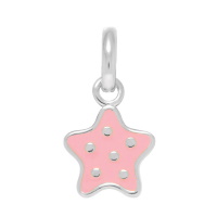 Pendentif pour enfant au motif d'étoile à pois en argent 925/000 rhodié et en émail de couleur rose.