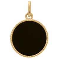 Pendentif médaille en plaqué or jaune 18 carats serti clos d'une véritable pierre de couleur noire.
