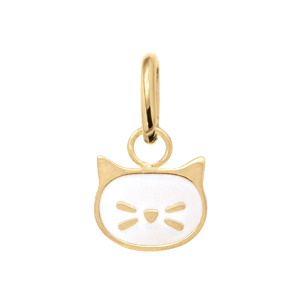 Pendentif tête de chat en plaqué or jaune 18 carats pavé d'émail de couleur blanc.