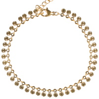 Bracelet composé d'une chaîne et de pampilles rondes en acier doré. Fermoir mousqueton avec 4 cm de rallonge.