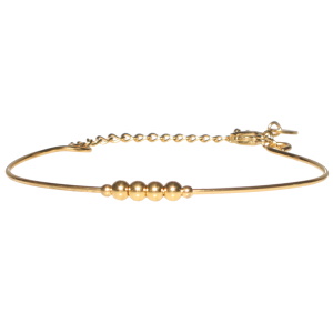 Bracelet jonc fil rond avec perles en acier doré. Fermoir mousqueton pour resserrer le jonc avec 5 cm de rallonge.