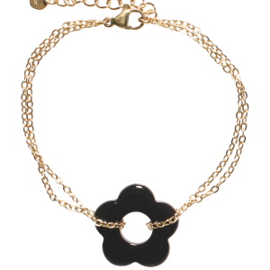Bracelet composé d'une double chaîne en acier doré et d'une fleur de couleur noire. Fermoir mousqueton avec 3 cm de rallonge.