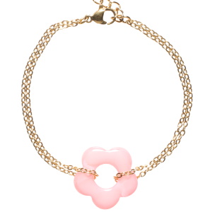 Bracelet composé d'une double chaîne en acier doré et d'une fleur de couleur rose. Fermoir mousqueton avec 3 cm de rallonge.