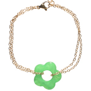 Bracelet composé d'une double chaîne en acier doré et d'une fleur de couleur verte. Fermoir mousqueton avec 3 cm de rallonge.
