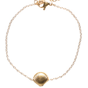 Bracelet composé d'une chaîne et d'un coquillage en acier doré. Fermoir mousqueton avec 3 cm de rallonge.