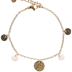 Bracelet composé d'une chaîne avec pampilles rondes martelées en acier doré et des pampilles rondes en nacre. Fermoir mousqueton avec 3 cm de rallonge.