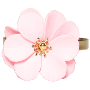 Bracelet jonc ouvert en acier doré surmonté d'une fleur de couleur rose.