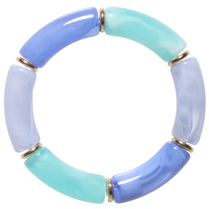 Bracelet fantaisie élastique composé de rondelles en acier doré et de tubes de couleur bleu.