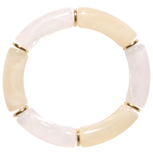 Bracelet fantaisie élastique composé de rondelles en acier doré et de tubes de couleur blanc et marron.