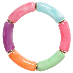 Bracelet fantaisie élastique composé de rondelles en acier doré et de tubes multicolores.