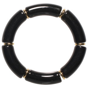 Bracelet fantaisie élastique composé de rondelles en acier doré et de tubes de couleur noir.