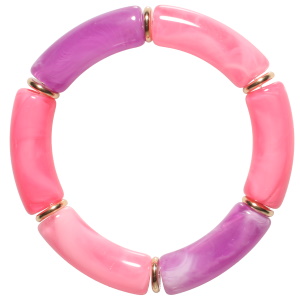 Bracelet fantaisie élastique composé de rondelles en acier doré et de tubes de couleur rose et violet.