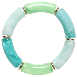 Bracelet fantaisie élastique composé de rondelles en acier doré et de tubes de couleur vert.