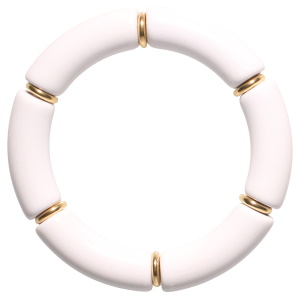 Bracelet fantaisie élastique composé de rondelles en acier doré et de tubes de couleur blanc.
