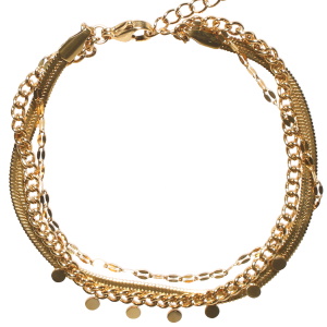 Bracelet triple rangs composé d'une chaîne en acier doré, une chaîne maille serpent en acier doré et d'une chaîne avec pampilles rondes en acier doré. Fermoir mousqueton avec 3 cm de rallonge.