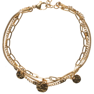 Bracelet triple rangs composé d'une chaîne en acier doré, une chaîne en acier doré et d'une chaîne avec pampilles rondes martelées en acier doré. Fermoir mousqueton avec 3 cm de rallonge.