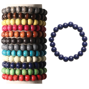 Bracelet fantaisie élastique composé de perles en bois de couleur. 12 coloris différents. Vendu à l'unité. Votre préférence en commentaire.