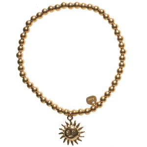 Bracelet élastique composé d'une chaîne boules avec un pendant en forme de soleil en acier doré.