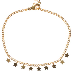 Bracelet composé d'une chaîne et de pampilles en forme d'étoile en acier doré. Fermoir mousqueton avec 3 cm de rallonge.
